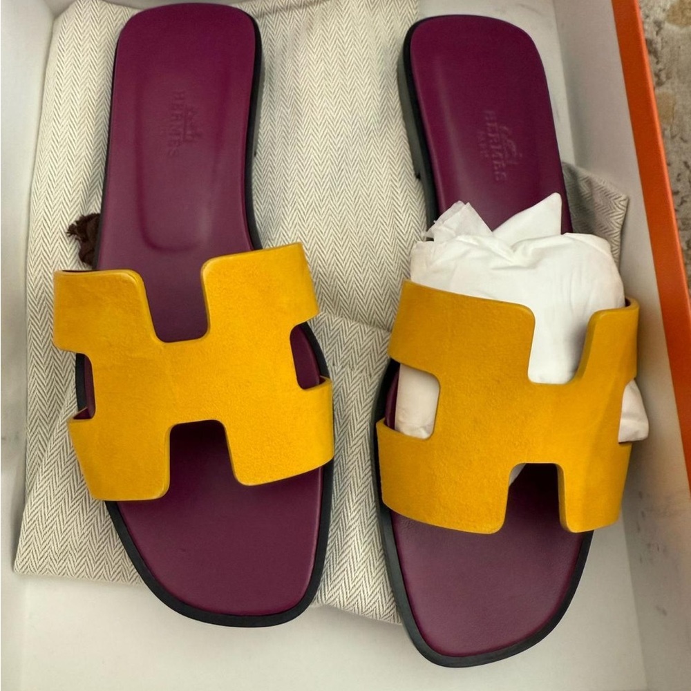 Hermes Yellow and Purple Slide Sandals
